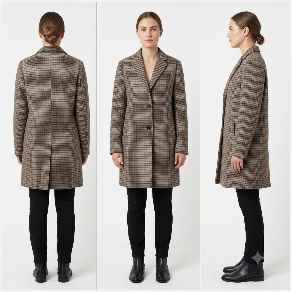 Zara Single Breasted Overcoat Womens M Brown Long Sleeve Houndstooth Print